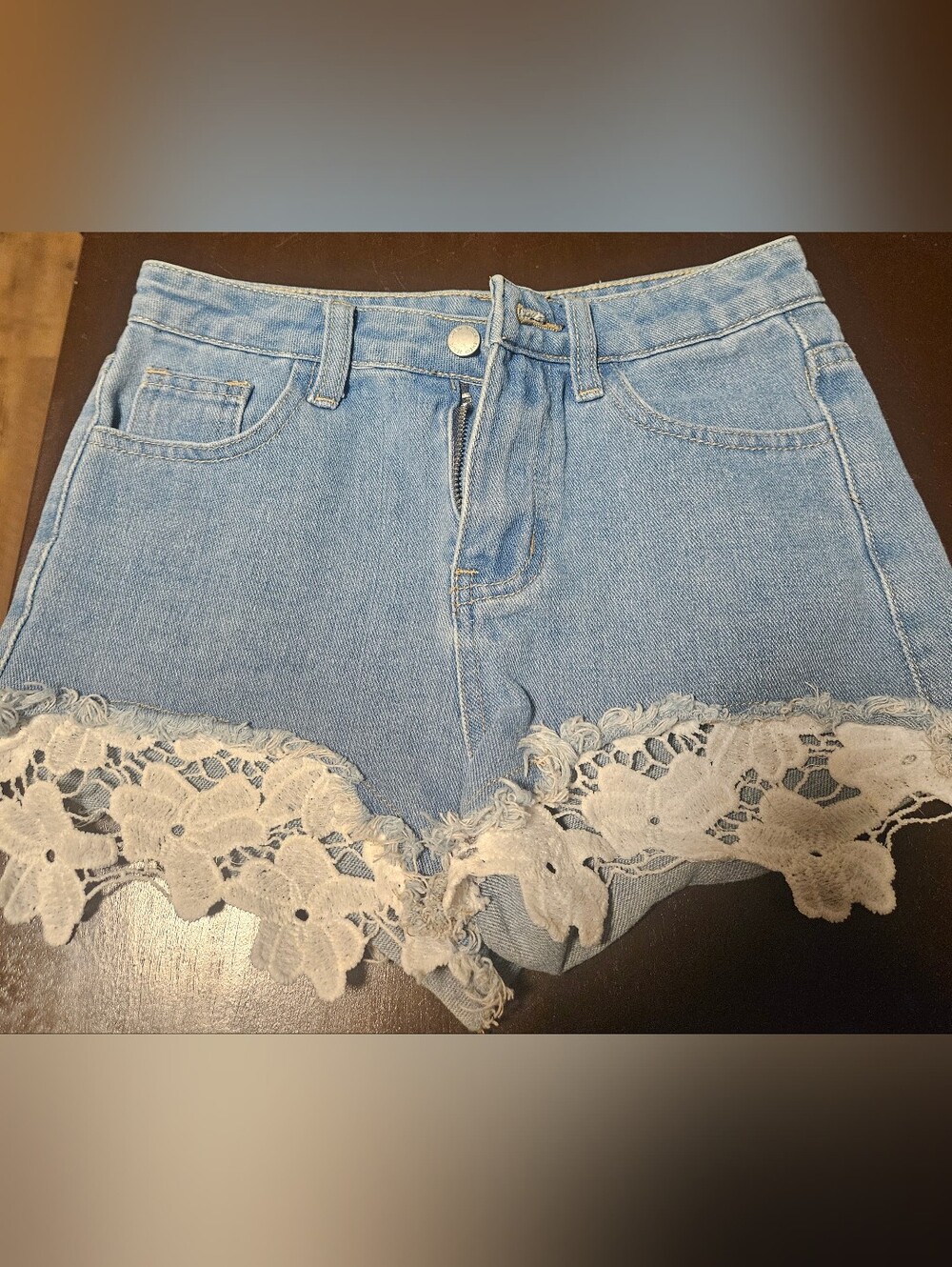 SHEIN Light Blue Denim Lace-Hem High Waist Shorts